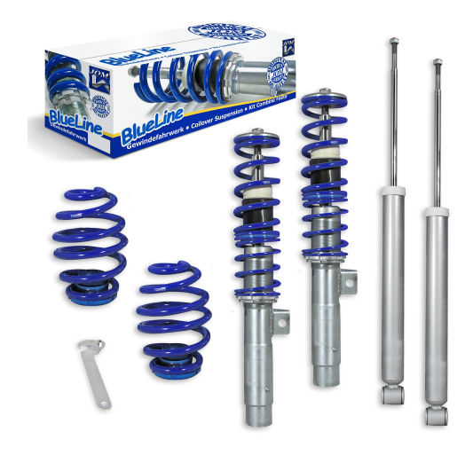 Suspensão coilover BlueLine Set VA/HA adequada para 3 séries E46 4 e 6 cilindros, bem como modelos Touring construídos em 1998-2005