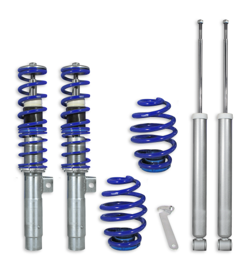 Suspensão coilover BlueLine Set VA/HA adequada para 3 séries E46 4 e 6 cilindros, bem como modelos Touring construídos em 1998-2005